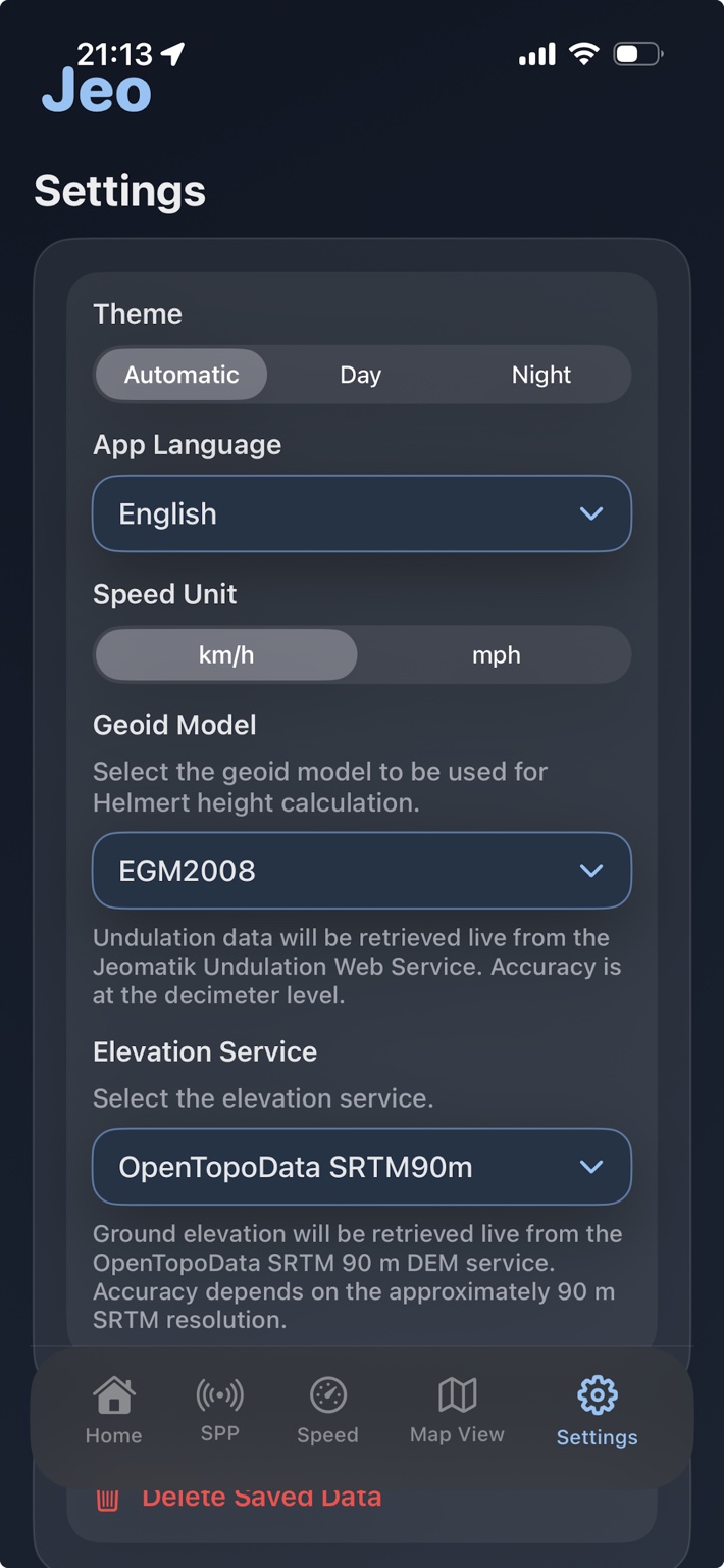 Jeo settings screen